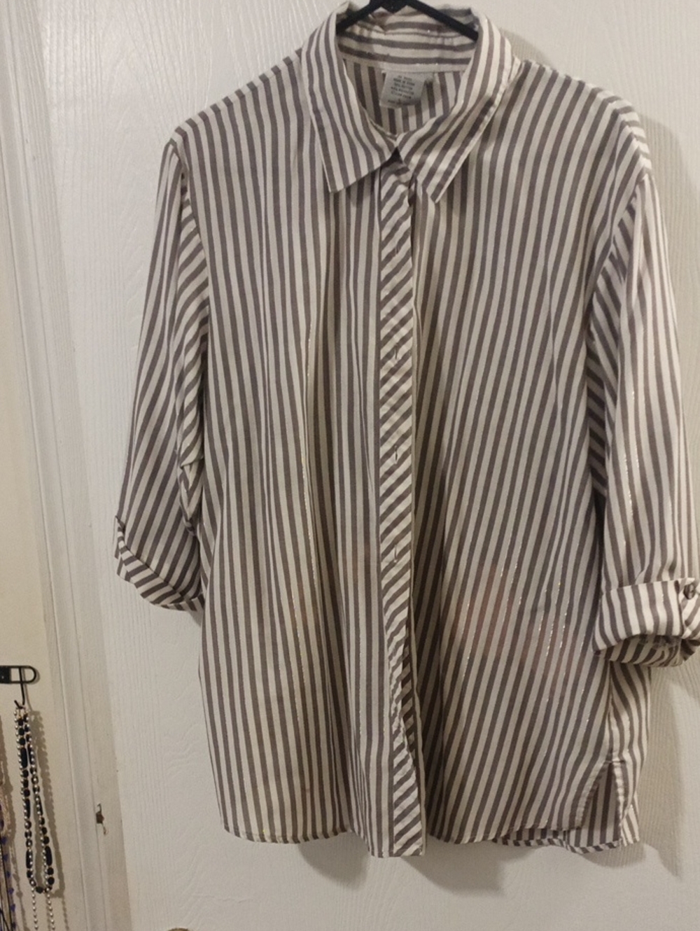 Women's Long Sleeve Striped Button-Up Shirt - Beige & White